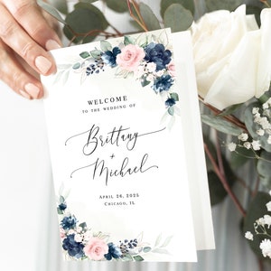 Floral wedding folded program Editable program template printable Folded booklet Navy blush wedding program DIY Download Templett Webl-40