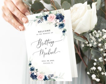 Floral wedding folded program Editable program template printable Folded booklet Blue blush program DIY Download Templett Webl-40