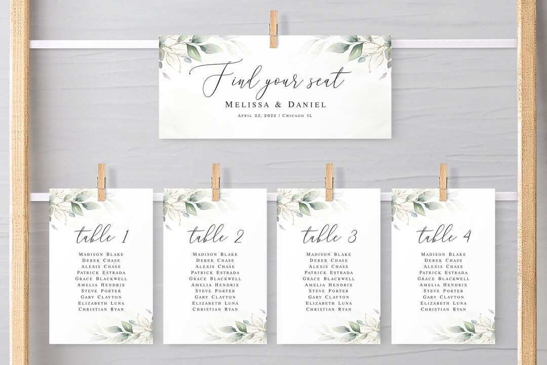 Greenery Seating Cards Template Gold Foliage Seating Cards Printable Hanging Seating Cards Edit ...