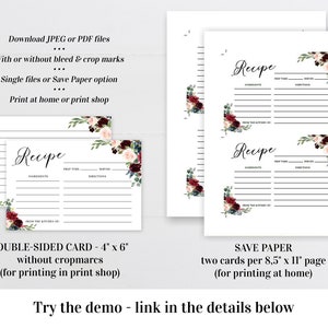 May include: Printable recipe cards with a floral design featuring burgundy, pink, and blue flowers. The cards have a black and white striped background and the text "Recipe" in a cursive font. The cards are available as a double-sided card or as a save paper option.