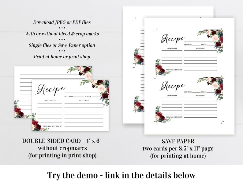 May include: Printable recipe cards with a floral design featuring burgundy, pink, and blue flowers. The cards have a black and white striped background and the text "Recipe" in a cursive font. The cards are available as a double-sided card or as a save paper option.