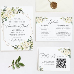 White roses wedding invitation template Floral invitation suite Editable wedding set printable Geometric invite Download Templett AWHR-1