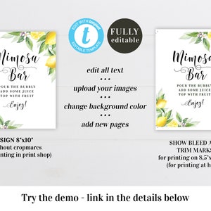 Lemon Mimosa bar sign and Juice jar labels Editable signs printable Bridal shower cocktail party Bachelorette Download Templett BrLem-cf5 image 4