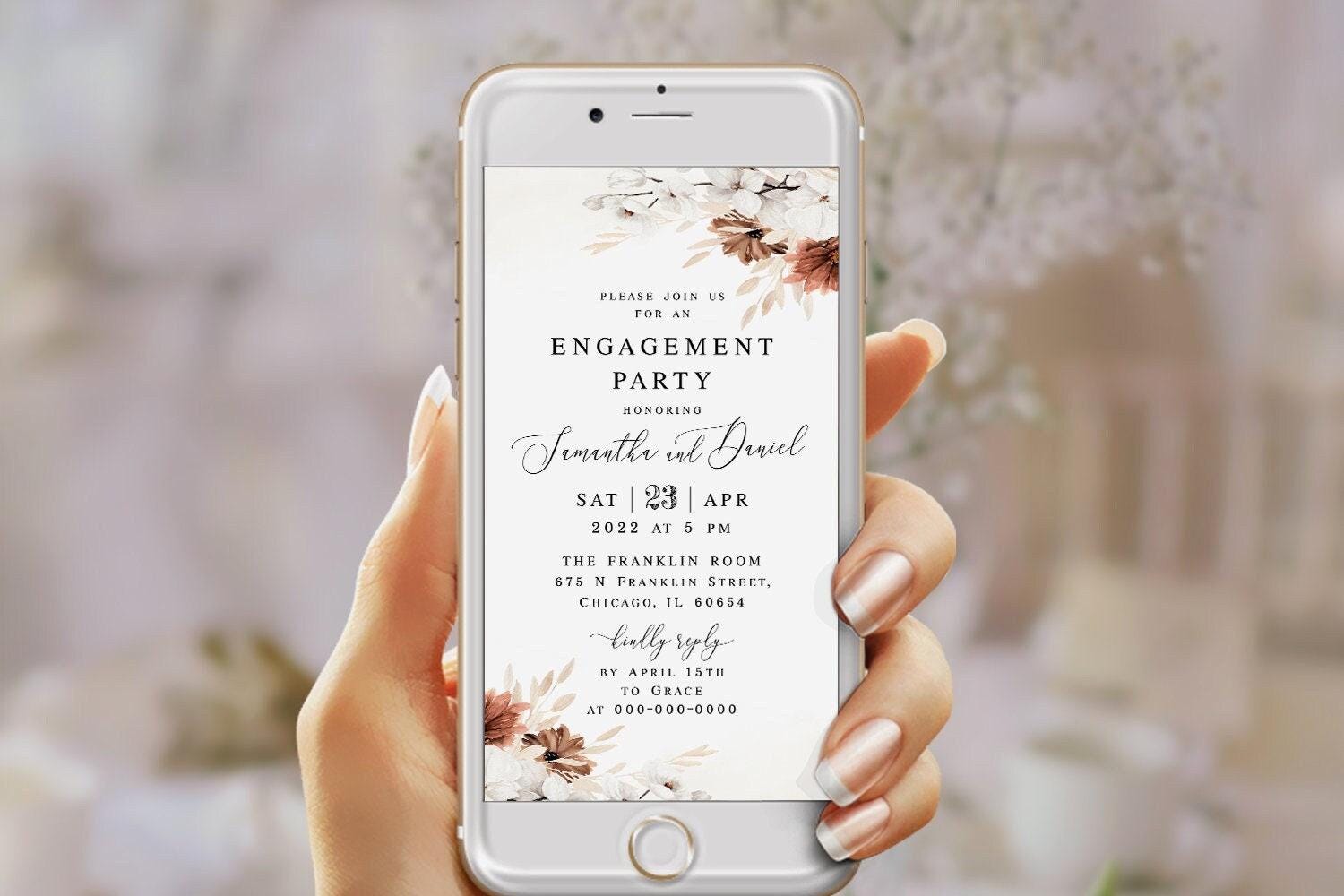 Beige floral engagement party e-invite template
