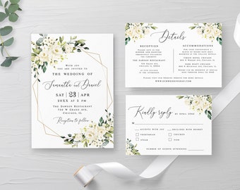 White roses wedding invitation suite Editable floral invite RSVP Details insert Geometric invite Printable Digital Download Templett AWHR-1