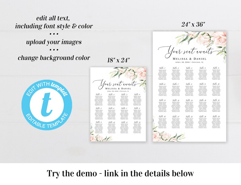 Seating Chart Poster Template Printable Editable Guest List - Etsy