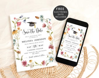 Modèle réservez la remise des diplômes de fleurs sauvages Faire-part de fin d'études pour la promotion 2026 Télécharger Templett BIFILDSWC