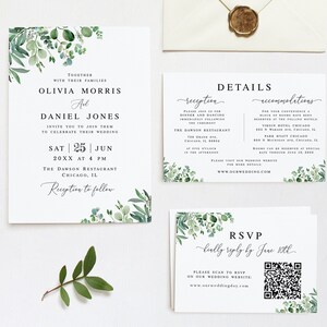Modèle d'invitation de mariage verdure Ensemble de mariage modifiable Invitation de mariage eucalyptus imprimable Suite d'invitations DIY Télécharger Templett WEUF-3