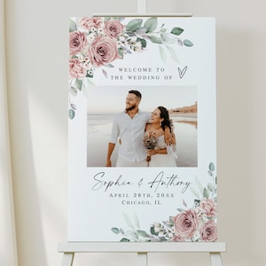 Letrero de bienvenida de boda con rosas polvorientas Letrero de bienvenida editable con imagen Póster de recepción imprimible Decoración para boda Descargar Templett SDURS-10f