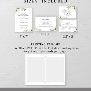 May include: Wedding invitation suite with a floral design. The suite includes a 5x7 inch invitation, a 4x6 inch details card, a 3.5x5 inch RSVP card, and a 3.5x5 inch thank you card. The cards are printed on white cardstock with a green and white floral design.