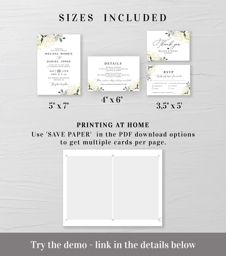 May include: Wedding invitation suite with a floral design. The suite includes a 5x7 inch invitation, a 4x6 inch details card, a 3.5x5 inch RSVP card, and a 3.5x5 inch thank you card. The cards are printed on white cardstock with a green and white floral design.