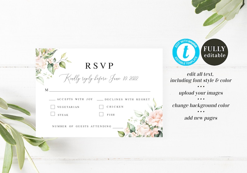 Wedding RSVP card Fully editable template Rehearsal dinner invitation insert card Kindly reply Pink roses Printable Download #swc11
