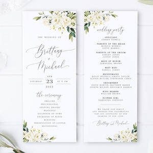 Floral wedding program template printable Wedding ceremony Editable wedding program White roses DIY calligraphy Download Templett AWHR-1 image 1