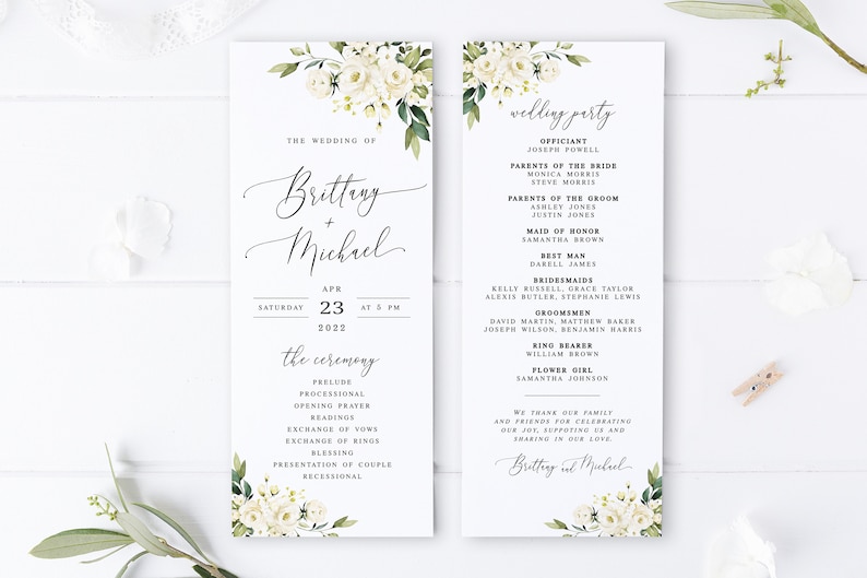 Floral wedding program template printable Wedding ceremony Editable wedding program White roses DIY calligraphy Download Templett AWHR-1 image 1