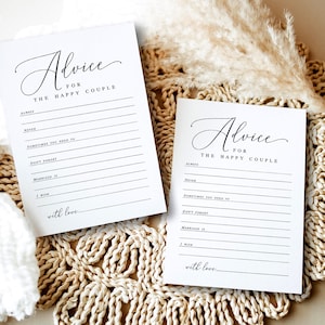Tarjeta de consejos moderna para una pareja feliz. Tarjetas de consejos minimalistas. Consejos imprimibles para novios. Descargar Templett wpalf-a91.