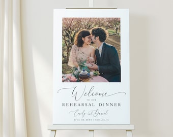 Cartel de bienvenida para la cena de ensayo de boda. Plantilla personalizable con foto. Cartel de recepción. Descargar Templett wpalf-a91.