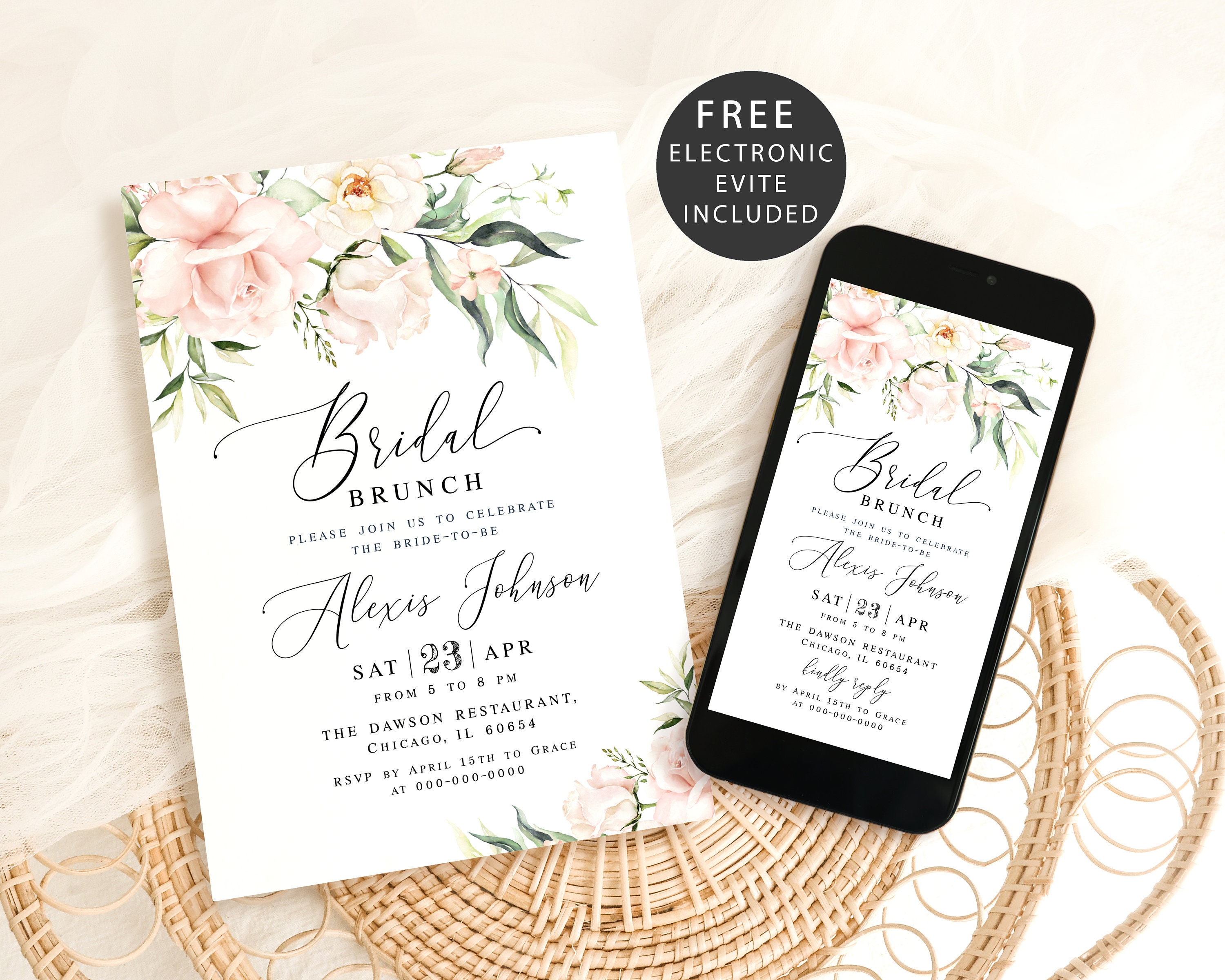 Floral bridal brunch invitation template Pink roses bridal invite printable Electronic bridal invite Download Edit with Templett WSPR-A