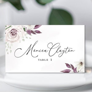 Plantilla de tarjetas de lugar moradas Tarjetas de nombre editables Tarjetas de nombre de boda moradas imprimibles Tarjeta de lugar plana y doblada Descargar Templett PASPURW