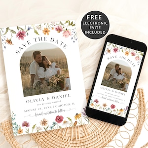 May include: Save the date card with a floral design and a photo of a couple in a field. The card says "Save the Date" and "Olivia & Daniel are getting married" with the date and location. The card also includes the text "Formal invitation to follow."