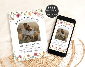 Faites gagner la date de mariage floral Modèle personnalisable avec photo Téléchargement numérique Templett BIFILDSWC