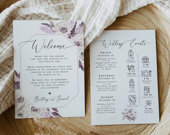 Purple wedding welcome letter & Timeline template Editable Order of events Itinerary Personalized Printable Download Templett #swc27