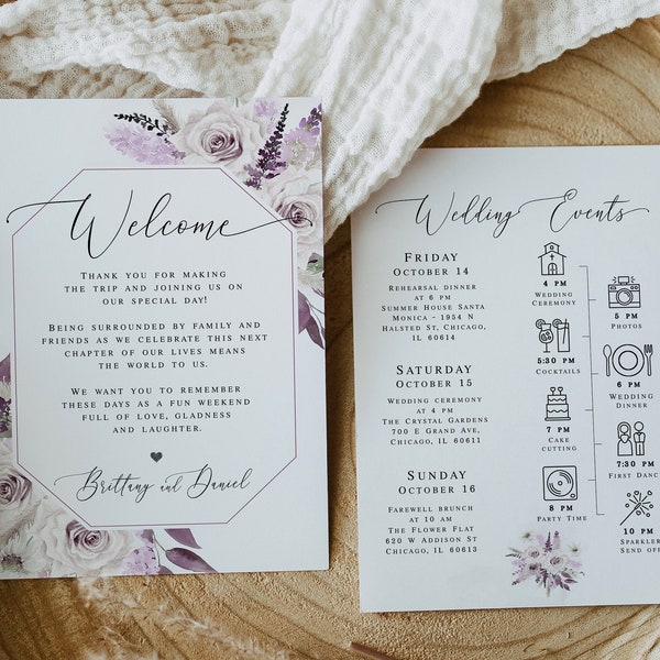 Purple wedding welcome letter & Timeline template Editable Order of events Itinerary Personalized Printable Download Templett #swc27