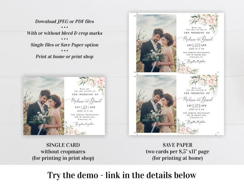 Wedding invitation template Self-editable photo invite Picture Pink roses Printable Calligraphy Digital DIY Download WSPR-A image 2