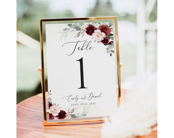 Burgundy table number card template Editable number card printable Burgundy wedding table decor Calligraphy DIY Download Templett BSA-35