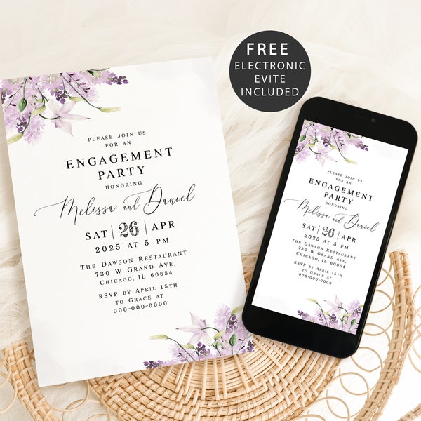 Lavender engagement party invitation template Editable invite Electronic lavender invite Printable invite Digital Download Templett LaWed-A