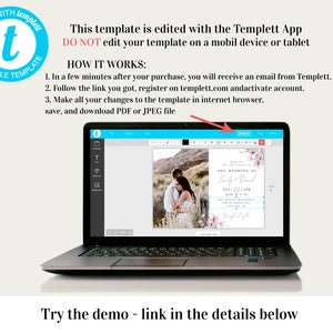 May include: A laptop computer screen displaying a wedding invitation template in the Templett app. The template features a photo of a couple in a field, with pink and white floral accents. The text on the invitation reads "The Wedding of Emily & Daniel" and includes the date and time of the wedding. The text "Try the demo - link in the details below" is displayed below the laptop.