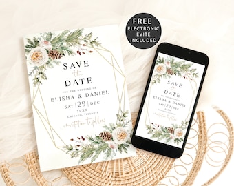 Winter save the date template printable Editable Electronic save the date Wedding announcement Holiday save the date Templett Wchwed-d2