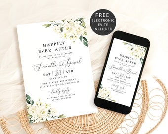 Floral wedding invitation template printable Editable White roses Electronic wedding invite Text message Digital Download Templett AWHR-1