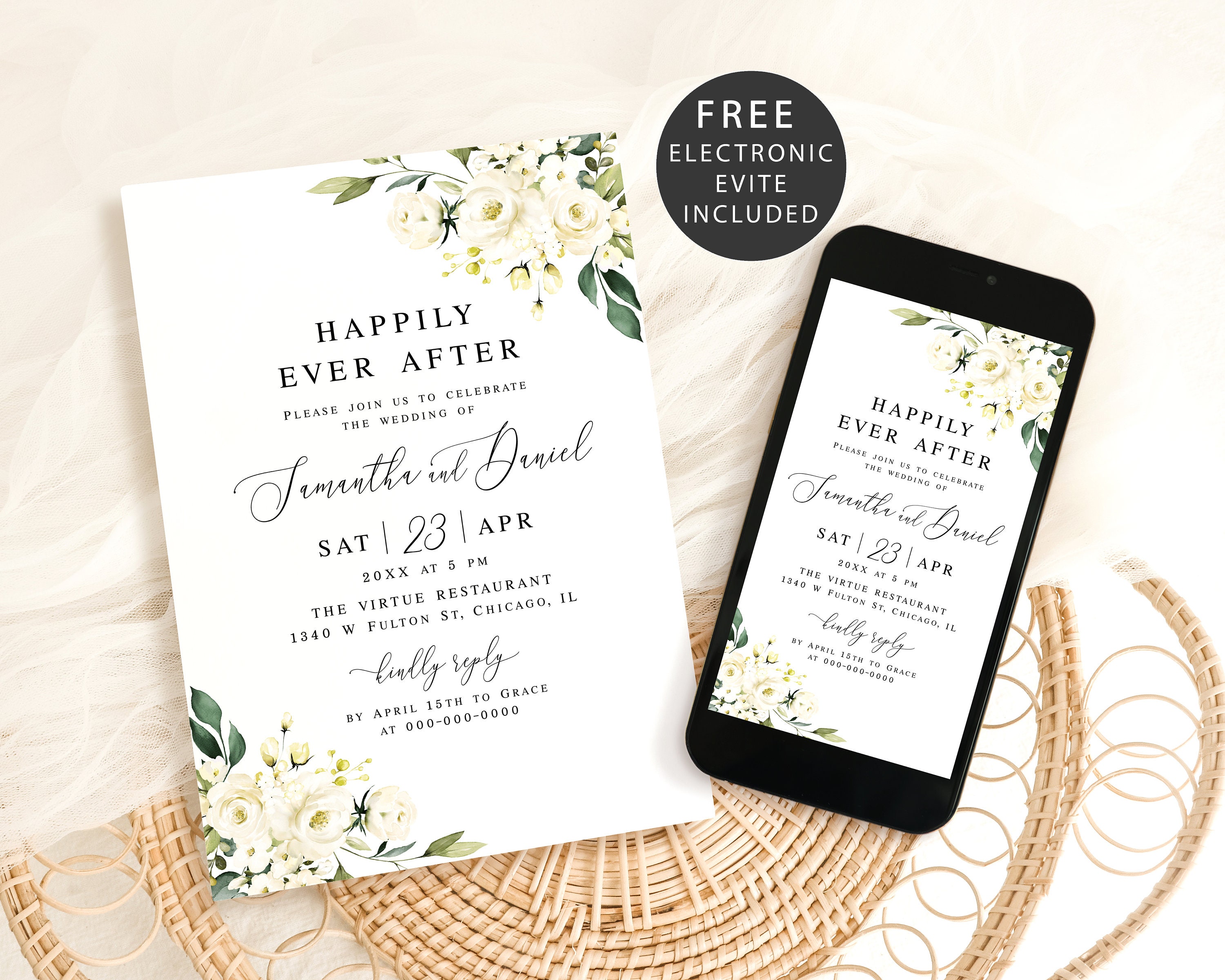 Weiße Rosen Hochzeitseinladung Vorlage zum Ausdrucken Blumenhochzeit Einladungskarte Einladungskarte zum Ausdrucken Download schwarzweiß Templett AWHR-1