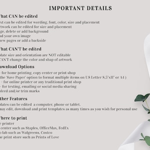 May include: A document with the title "IMPORTANT DETAILS" lists editable and non-editable features, download options, and printing locations. The document is on a light background with a white ribbon and green leaves in the corner.