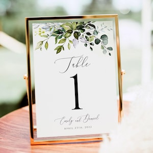 Greenery table number card template Foliage wedding number card printable Eucalyptus table number card Edit with Templett Download GRWE-E