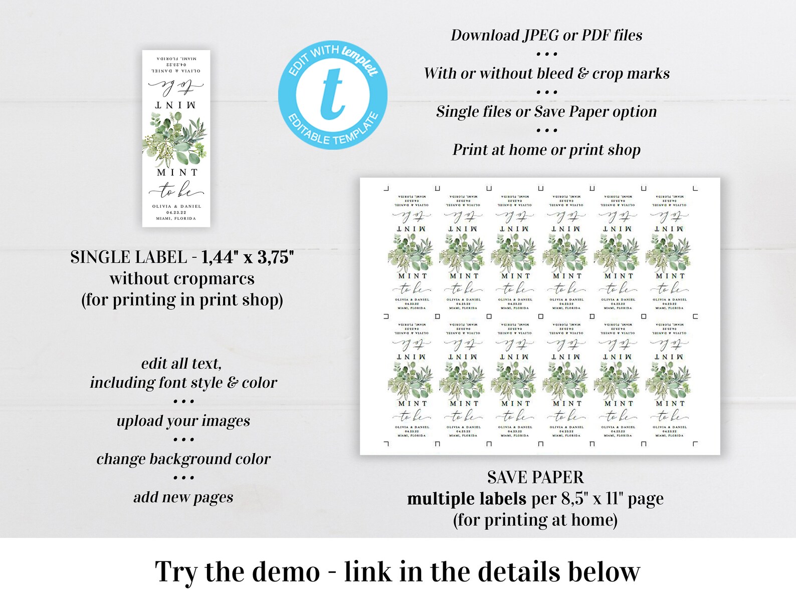 Mint to Be Label Template Printable Editable Wraparound Party - Etsy