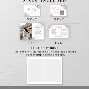 May include: Printable wedding invitation suite with a floral design in shades of purple and white. The suite includes a save the date card, invitation, details card, and thank you card. The cards are available in various sizes, including 3.5 x 5 inches, 5 x 7 inches, and 4 x 6 inches.