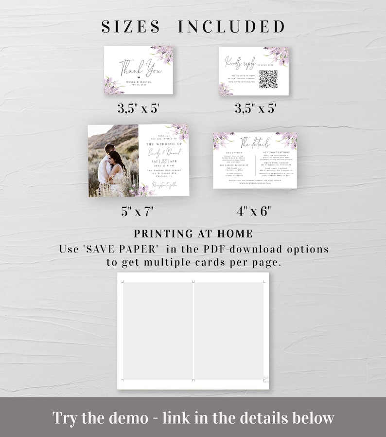 May include: Printable wedding invitation suite with a floral design in shades of purple and white. The suite includes a save the date card, invitation, details card, and thank you card. The cards are available in various sizes, including 3.5 x 5 inches, 5 x 7 inches, and 4 x 6 inches.