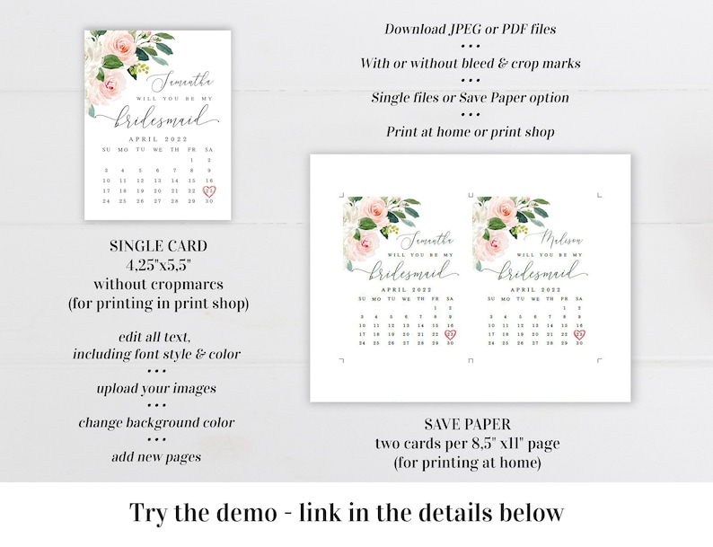 Calendar Bridesmaid Proposal Card Editable Template Save the Etsy