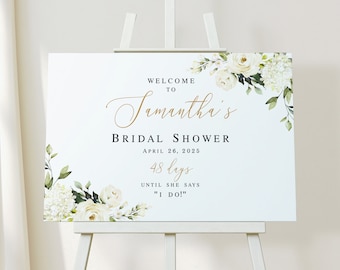 Bridal shower welcome sign template Editable welcome sign Hens party poster White roses Hydrangea Landscape printable Download AWHR-1