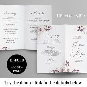 Purple wedding folded program template Editable wedding program Printable Folded booklet Digital DIY calligraphy Download Templett PURFSW27 image 2