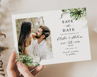 Greenery save the date template Editable photo save the date printable Wedding announcement Tropical save the date Download Templett SWC-TR