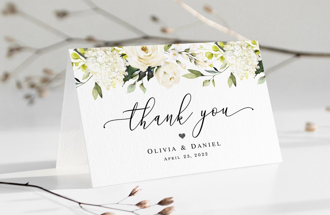 White Flowers Thank You Card Template Editable Fold and Flat Thank You ...