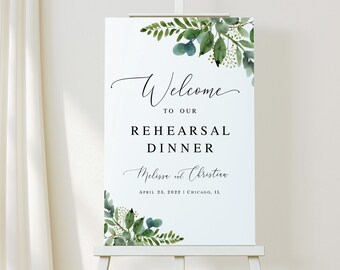 Greenery rehearsal dinner welcome sign template Eucalyptus wedding poster Editable download Templett WEUF-3