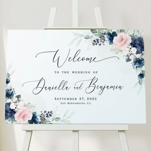 Wedding welcome sign template Navy blush welcome sign printable Floral wedding poster Decor for wedding Download Edit with Templett Webl-40