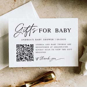 Scheda di registrazione del baby shower con codice QR Annuncio del registro del bambino Scheda di registrazione moderna stampabile Regali per il bambino Scarica Templett HCwbf-Ml