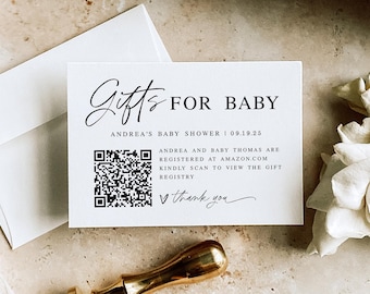 Tarjeta de registro de baby shower con código QR Anuncio de registro de bebé Tarjeta de registro moderna imprimible Regalos para bebé Descargar Templett HCwbf-Ml