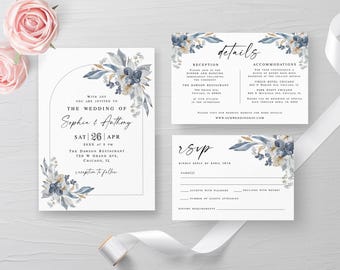 May include: A wedding invitation suite with a blue and white floral design. The invitation features an arch with the text "With joy you are invited to the wedding of Sophia & Anthony" and the date "Sat 26 Apr". The details card includes information about the reception and accommodations. The RSVP card has a place for guests to indicate their attendance.