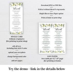 Wedding menu template printable Editable menu cards Let's eat Rehearsal dinner White roses Customizable menu Download Templett AWHR-1 image 2