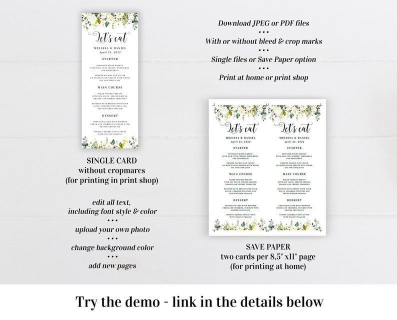 Wedding menu template printable Editable menu cards Let's eat Rehearsal dinner White roses Customizable menu Download Templett AWHR-1 image 2